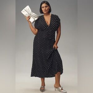 En Saison Darlene Midi Dress Polka Dot Black White Tie Back Deep V | Plus 3X